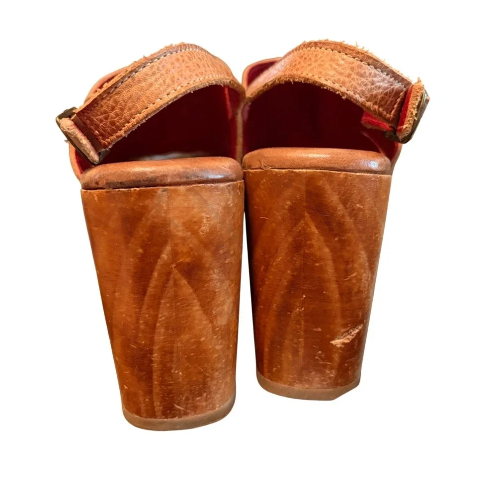 Bed Stu Fontella Platform Clogs Tan Rustic Leather Chunky Wood Heel Sz 11 Boho